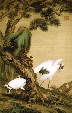  under Oil Painting - Lang shining two cranes under pine tree old China ink Giuseppe Castiglione